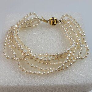 Vintage Natural Freshwater Rice Pearl Bracelet Gold-Tone White 6-Row Ball Clasp